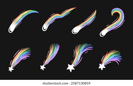 Set of stylized rainbow shooting stars with white stars at the end trail across a black background.