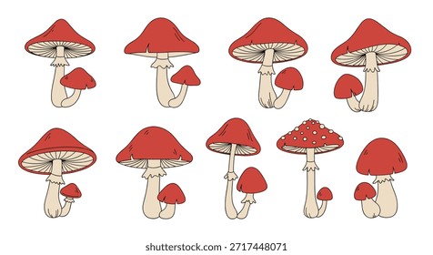 Set of stylized red mushroom illustrations featuring white stems and varied shapes including several fly agaric types.