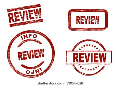Set of stylized red stamps showing the term review. All on white background.