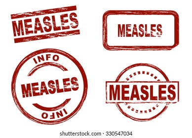 Set of stylized red stamps showing the term measles. All on white background.