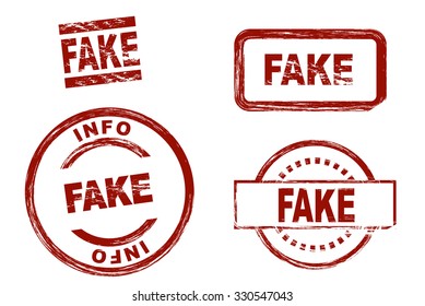 Set of stylized red stamps showing the term fake. All on white background.