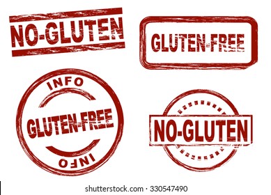 Set of stylized red stamps showing the term gluten-free. All on white background.