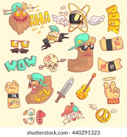 Set Of Stylized Rock Themed Stickers With Cool Symbols In Hand Drawn Flat Vector