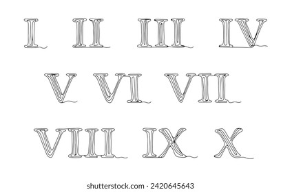 Set of stylized Roman numerals from 1 to 10. Roman numerals in one continuous line. Vector illustration. Images produced without the use of any form of AI software at any stage. 