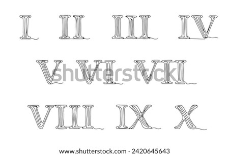 Set of stylized Roman numerals from 1 to 10. Roman numerals in one continuous line. Vector illustration. Images produced without the use of any form of AI software at any stage. 