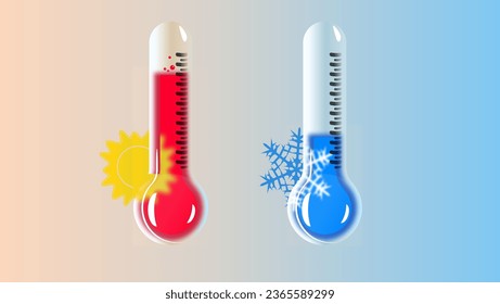 Conjunto de termómetros de habitación estilizados con diferentes lecturas de temperatura. Ilustración vectorial, roja contra el fondo del sol, azul contra el fondo del copo de nieve