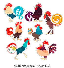 Set of stylized roosters. Vector illustration of roosters, symbol of 2017 on the Chinese calendar. Stickers for New Year's and Christmas design. Set of cartoon characters.