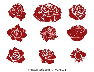 Set of stylized roses isolated on white background. Set of red roses