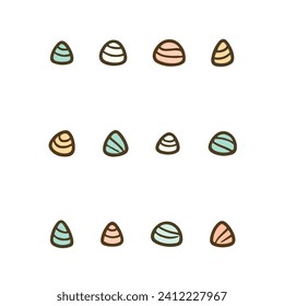 Set of stylized seashells with multicolored stripes isolated on white background.