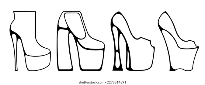 A set of stylized shoes on a high platform. Sketch, black and white drawing. A fashion accessory. For flyers, advertising, shops, decoration.