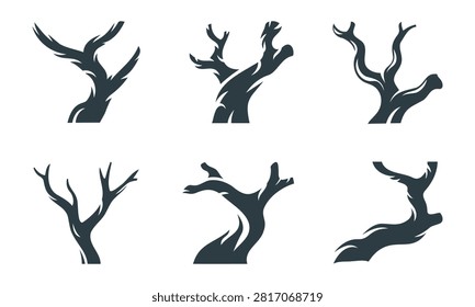 Set of stylized silhouette bare tree branches and trunks isolated on transparent background