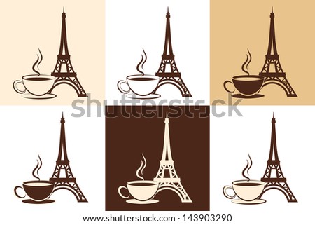 Set of stylized silhouette of the Eiffel Tower and a cup of coffee or tea on different backgrounds. Element of logo or corporate identity. Vector illustration.