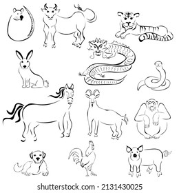 Set of stylized silhouettes of animal symbols of the Chinese horoscope, animalistic signs of the zodiac  vector illustration for design