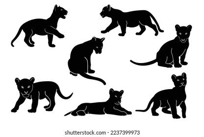 Set of stylized silhouettes of different poses baby tigers. Isolated on white background. Tiger logo designs set. Symbol, Vector.