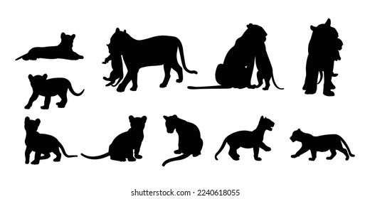 Set of stylized silhouettes of different poses baby tigers. Isolated on white background. Tiger logo designs set. Symbol, Vector.