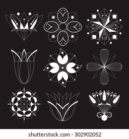 set of stylized silhouettes of flowers without internal fill patterns for logos, symbol of the plants, ornamental lily