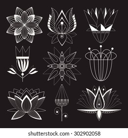 set of stylized silhouettes of flowers without internal fill patterns for logos, symbol of the plants, ornamental lily