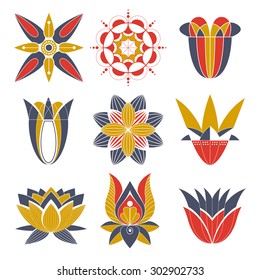 set of stylized silhouettes of flowers without internal fill patterns for logos, symbol of the plants, ornamental lily