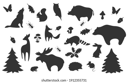 Set of stylized silhouettes of forest animals.