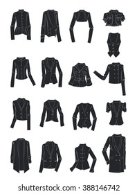 Set of stylized silhouettes of women's jackets isolated on white background