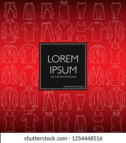 Set of stylized silhouettes of women's and man's clothes, isolated on red background. Vector eps10