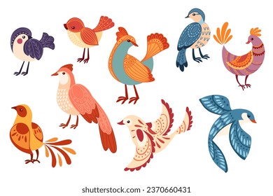 Set of stylized small cartoon bird with colored pattern cute animal design vector illustration isolated on white background