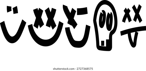 Conjunto de smileys estilizados e um ícone de caveira.