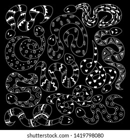 Set stylized snake on black background. Pattern of reptile.Collection of snake. Coloring books. Line art. Flat design. Hand-drawn. Vector Illustration.