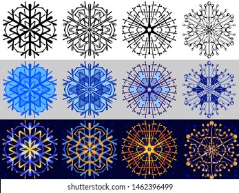 Set of stylized snowflakes to create a design for winter themes. 12 snowflakes in the style of hand-drawing in three versions - black on white, blue with a gradient on gray, multi-colored on a blue.