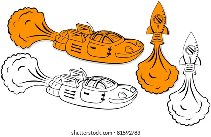 set of stylized space retro ships, vector illustration