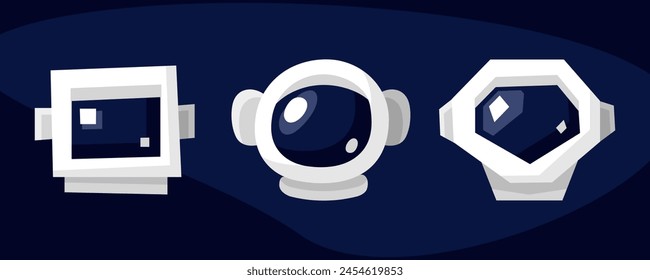 Set of stylized spacesuit helmets - square, round and hexagon. Visor. Collection of Astronaut costumes with cubic, angular shape in space. Protective clothing. Cartoon style. Color Vector illustration