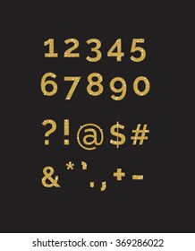 A set of stylized  sparkling golden glitter fancy digits numbers and symbols. Use to make your own text.