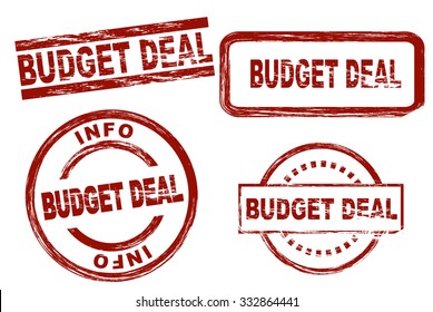 Set von Stylisierten Briefmarken, die den Begriff Budget Deal zeigen. Alle auf weißem Hintergrund.