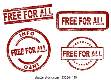 Set of stylized stamps showing the term free for all. All on white background.