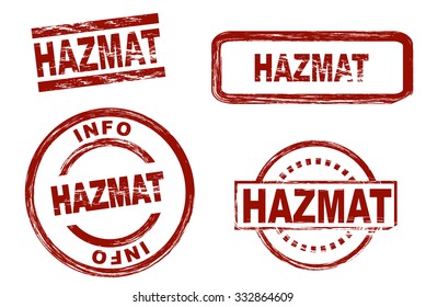 Set of stylized stamps showing the term HAZMAT, hazardous material. All on white background.