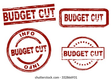 Set of stylized stamps showing the term budget cut. All on white background.