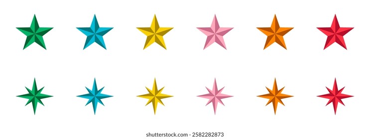 Set of stylized stars in various colors arranged in two rows; six five-pointed stars and six eight-pointed stars.