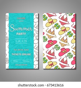 Set of stylized Summer holidays invitation, flyer, sale, discont card template. Can be use for internet sites, gift cards, flyers and presentation. Vector illustration background.  Front and back page