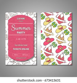 Set of stylized Summer holidays invitation, flyer, sale, discont card template. Can be use for internet sites, gift cards, flyers and presentation. Vector illustration background.  Front and back page
