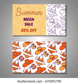 Set of stylized Summer holidays invitation, flyer, sale, discont card template. Can be use for internet sites, gift cards, flyers and presentation. Vector illustration background. Front and back page
