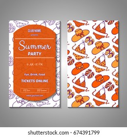 Set of stylized Summer holidays invitation, flyer, sale, discont card template. Can be use for internet sites, gift cards, flyers and presentation. Vector illustration background. Front and back page

