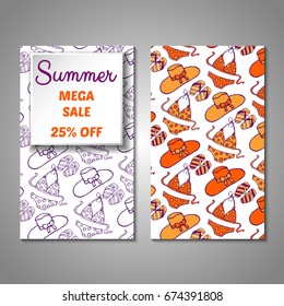 Set of stylized Summer holidays invitation, flyer, sale, discont card template. Can be use for internet sites, gift cards, flyers and presentation. Vector illustration background. Front and back page
