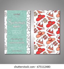 Set of stylized Summer holidays invitation, flyer, sale, discont card template. Can be use for internet sites, gift cards, flyers and presentation. Vector illustration background. Front and back page
