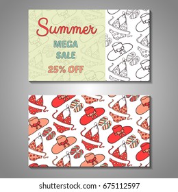 Set of stylized Summer holidays invitation, flyer, sale, discont card template. Can be use for internet sites, gift cards, flyers and presentation. Vector illustration background. Front and back page
