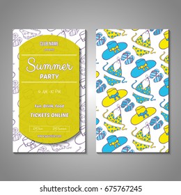 Set of stylized Summer holidays invitation, flyer, sale, discont card template. Can be use for internet sites, gift cards, flyers and presentation. Vector illustration background. Front and back page
