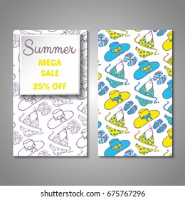 Set of stylized Summer holidays invitation, flyer, sale, discont card template. Can be use for internet sites, gift cards, flyers and presentation. Vector illustration background. Front and back page
