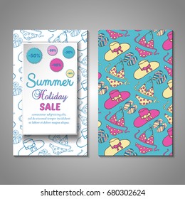 Set of stylized Summer holidays invitation, flyer, sale, discont card template. Can be use for internet sites, gift cards, flyers and presentation. Vector illustration background. Front and back page
