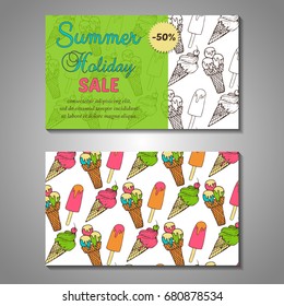 Set of stylized Summer holidays invitation, flyer, sale, discont card template. Can be use for internet sites, gift cards, flyers and presentation. Vector illustration background. Front and back page