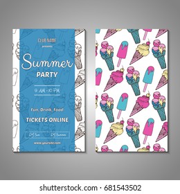 Set of stylized Summer holidays invitation, flyer, sale, discont card template. Can be use for internet sites, gift cards, flyers and presentation. Vector illustration background. Front and back page