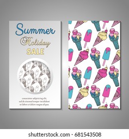 Set of stylized Summer holidays invitation, flyer, sale, discont card template. Can be use for internet sites, gift cards, flyers and presentation. Vector illustration background. Front and back page